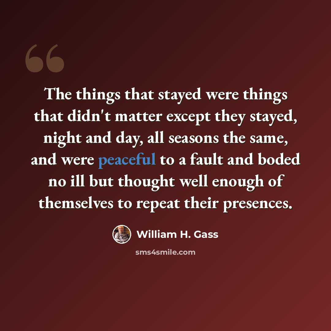 “The things that stayed were things that didn't matter except they stayed, night and day, all seasons the same, and were peaceful to a fault and boded no ill but thought well enough of themselves to repeat their presences.” quote by William H. Gass