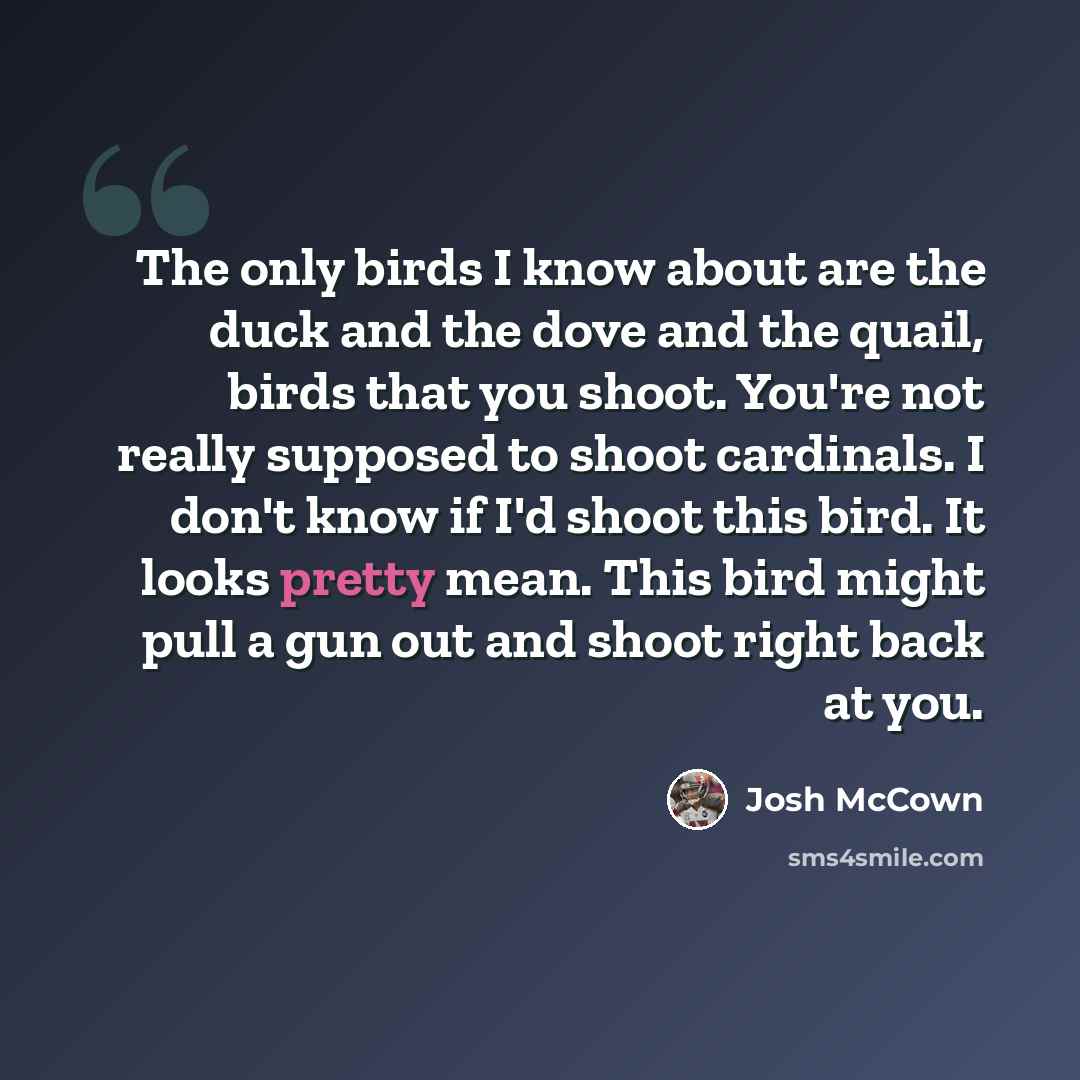 “The only birds I know about are the duck and the dove and the quail, birds that you shoot. You're not really supposed to shoot cardinals. I don't know if I'd shoot this bird. It looks pretty mean. This bird might pull a gun out and shoot right back at you.” quote by Josh McCown