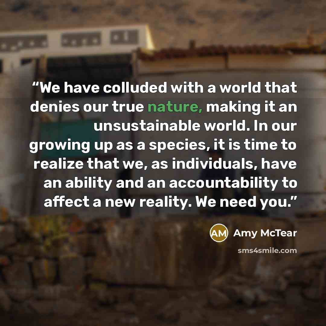“We have colluded with a world that denies our true nature, making it an unsustainable world. In our growing up as a species, it is time to realize that we, as individuals, have an ability and an accountability to affect a new reality. We need you.” quote by Amy McTear