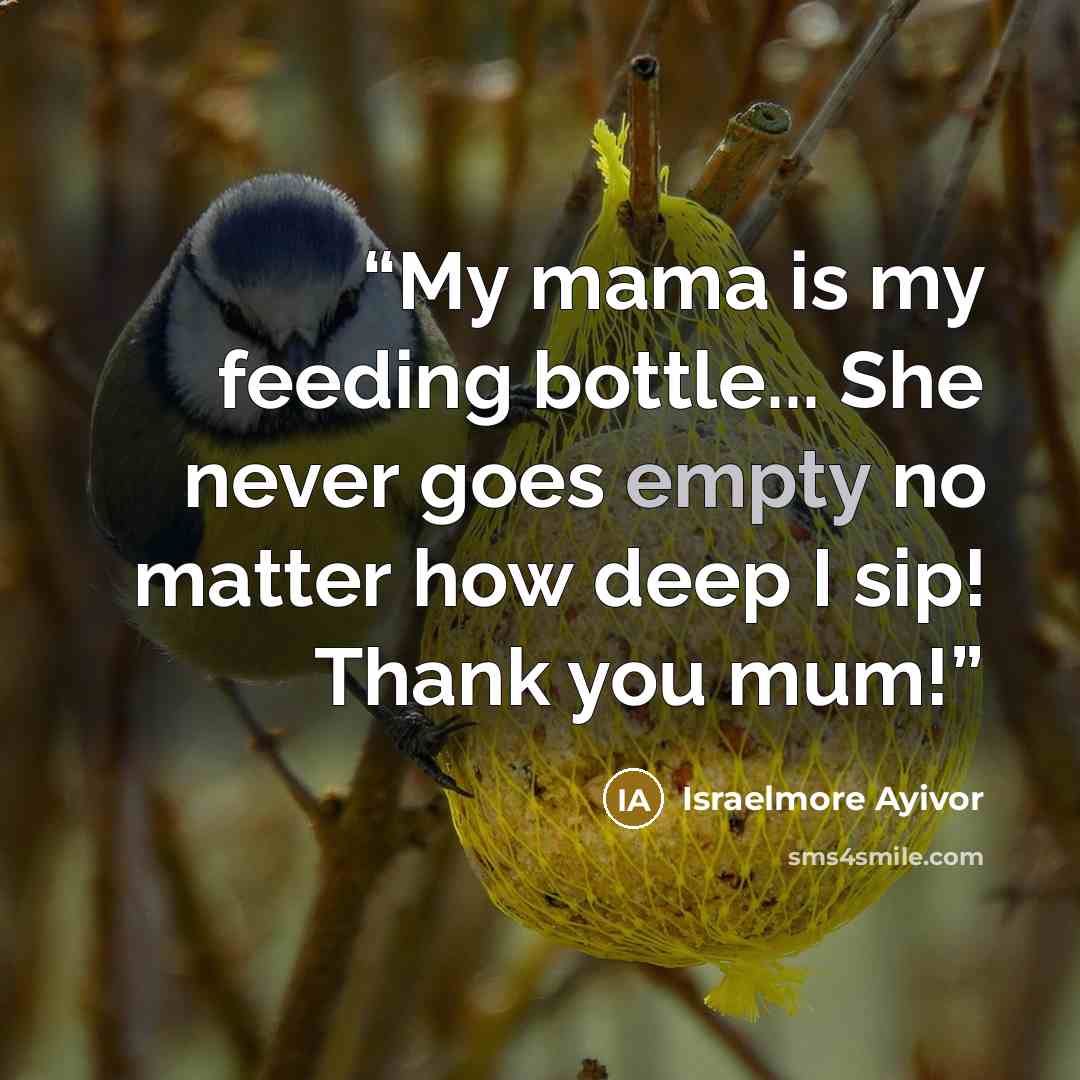 “My mama is my feeding bottle... She never goes empty no matter how deep I sip! Thank you mum!” quote by Israelmore Ayivor