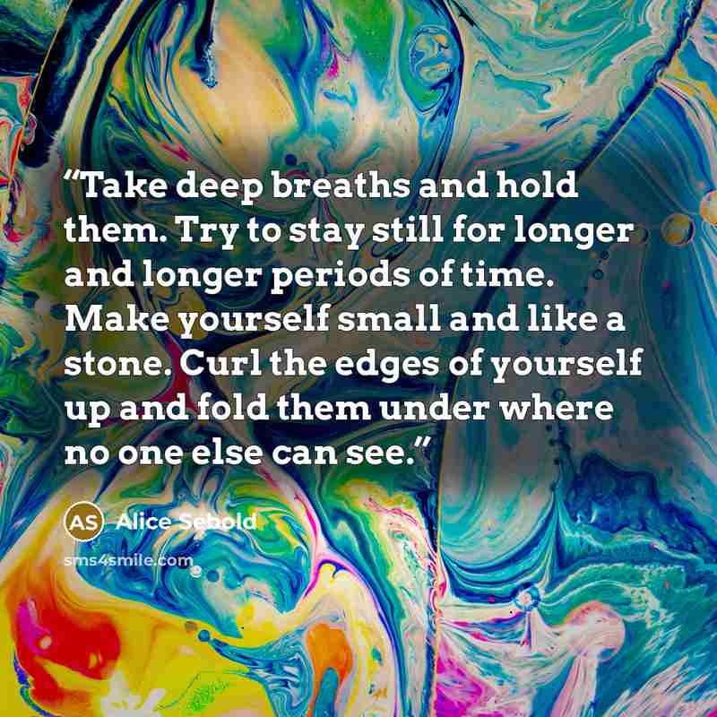 “Take deep breaths and hold them. Try to stay still for longer and longer periods of time. Make yourself small and like a stone. Curl the edges of yourself up and fold them under where no one else can see.” quote by Alice Sebold
