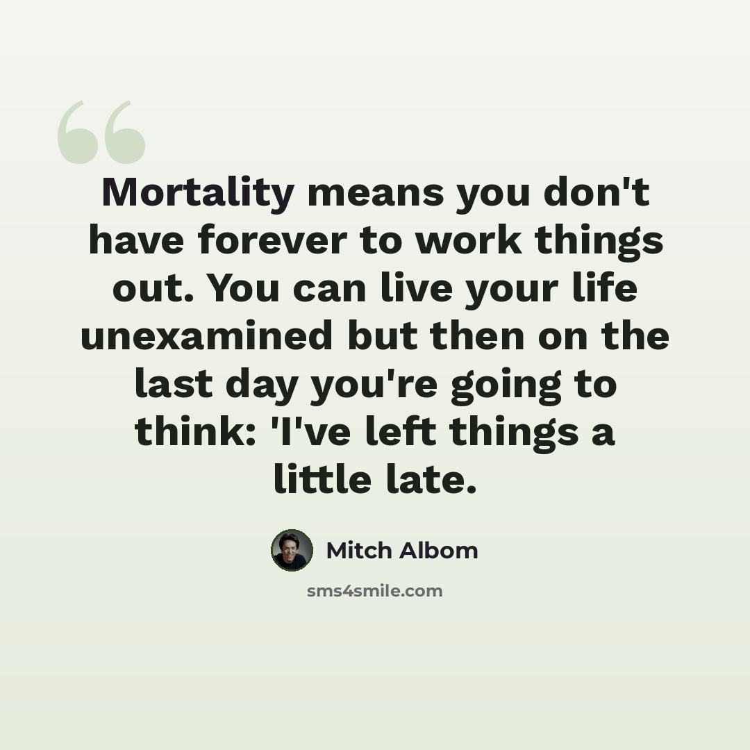 “Mortality means you don't have forever to work things out. You can live your life unexamined but then on the last day you're going to think: 'I've left things a little late.” quote by Mitch Albom