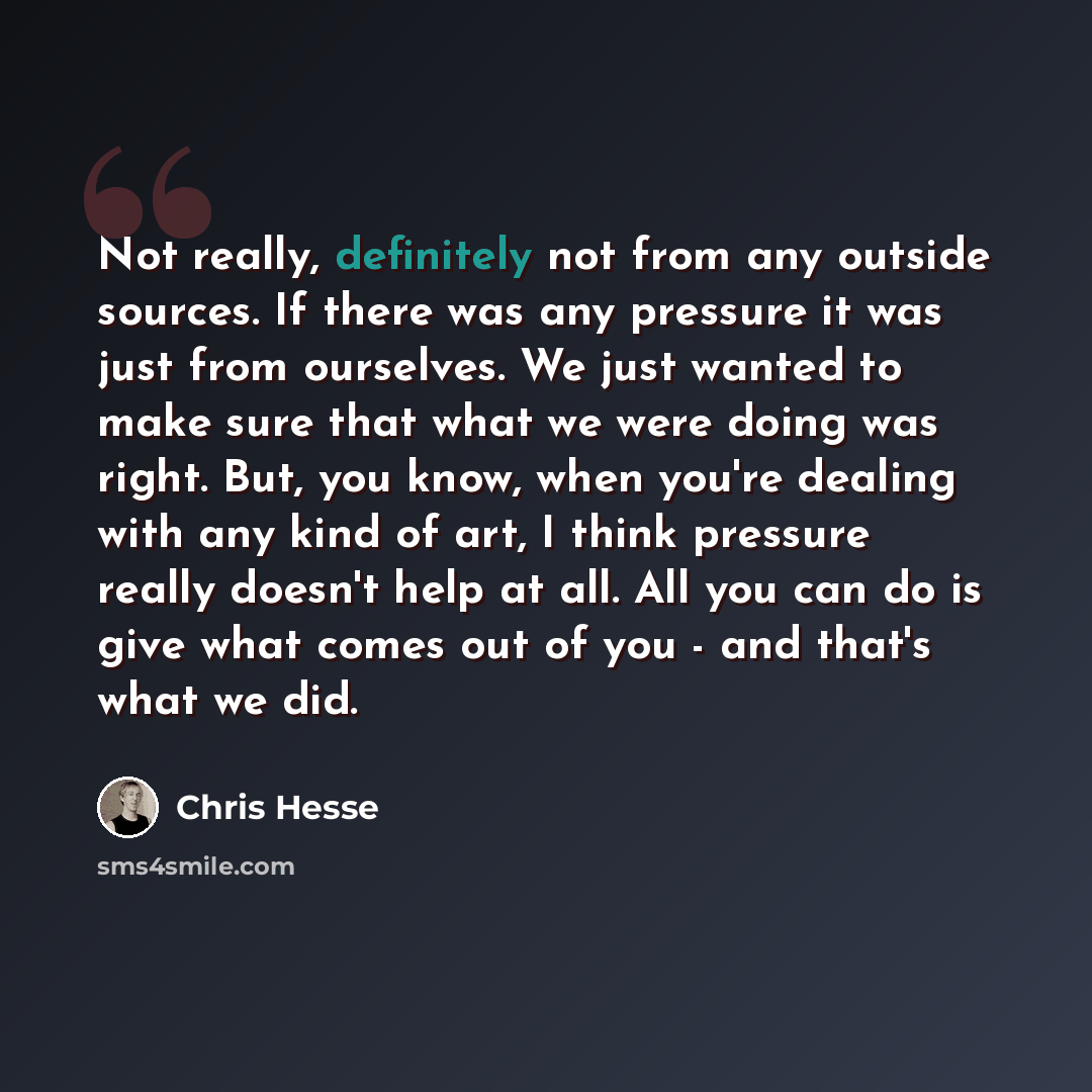 “Not really, definitely not from any outside sources. If there was any pressure it was just from ourselves. We just wanted to make sure that what we were doing was right. But, you know, when you're dealing with any kind of art, I think pressure really doesn't help at all. All you can do is give…” quote by Chris Hesse
