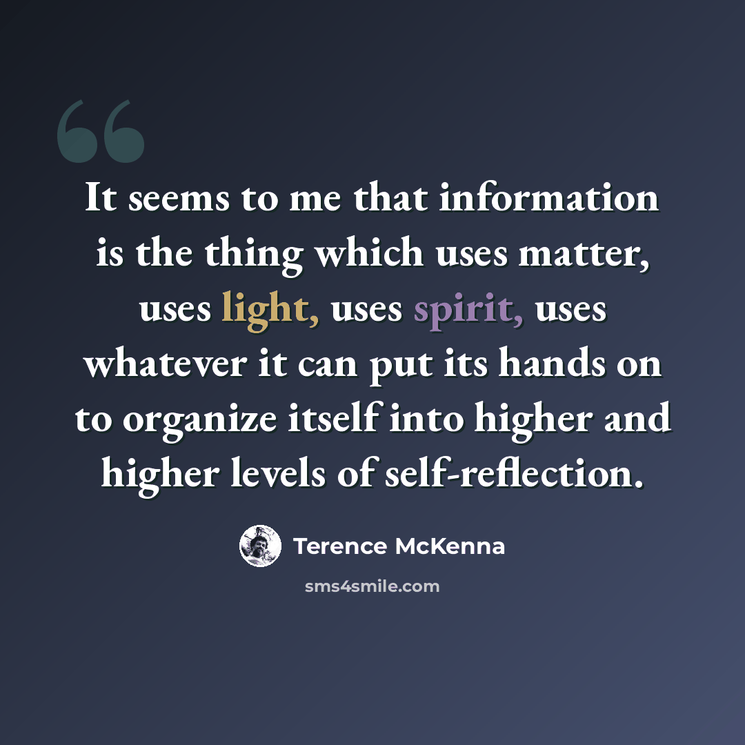 “It seems to me that information is the thing which uses matter, uses light, uses spirit, uses whatever it can put its hands on to organize itself into higher and higher levels of self-reflection.” quote by Terence McKenna
