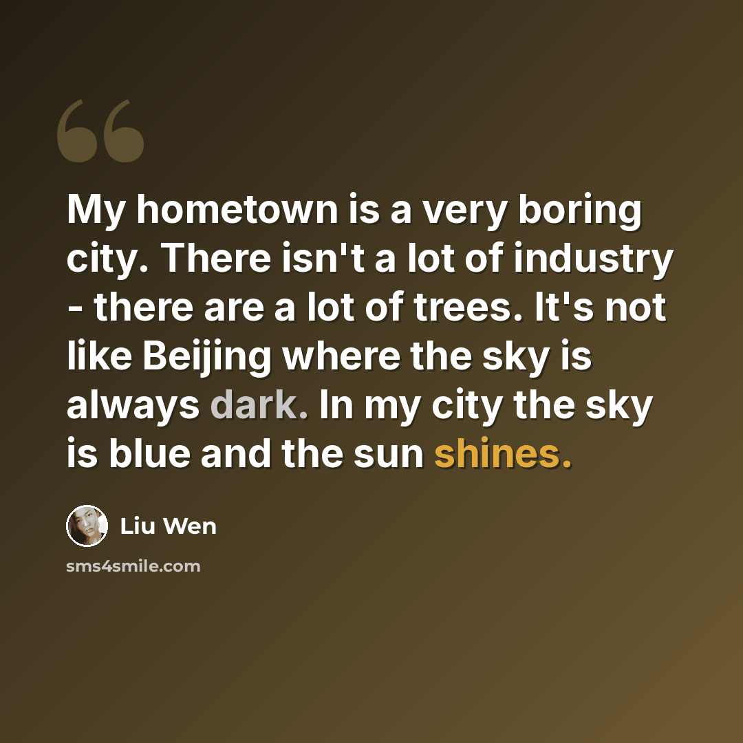 “My hometown is a very boring city. There isn't a lot of industry - there are a lot of trees. It's not like Beijing where the sky is always dark. In my city the sky is blue and the sun shines.” quote by Liu Wen