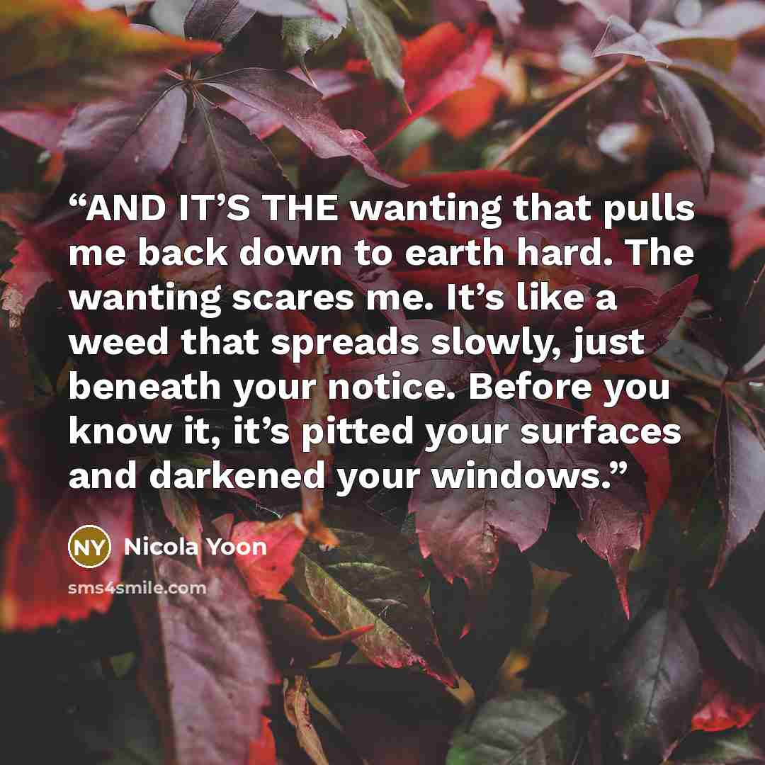 “AND IT’S THE wanting that pulls me back down to earth hard. The wanting scares me. It’s like a weed that spreads slowly, just beneath your notice. Before you know it, it’s pitted your surfaces and darkened your windows.” quote by Nicola Yoon