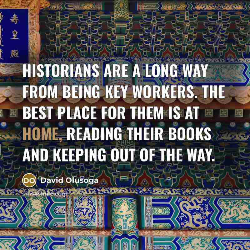 “Historians are a long way from being key workers. The best place for them is at home, reading their books and keeping out of the way.” quote by David Olusoga