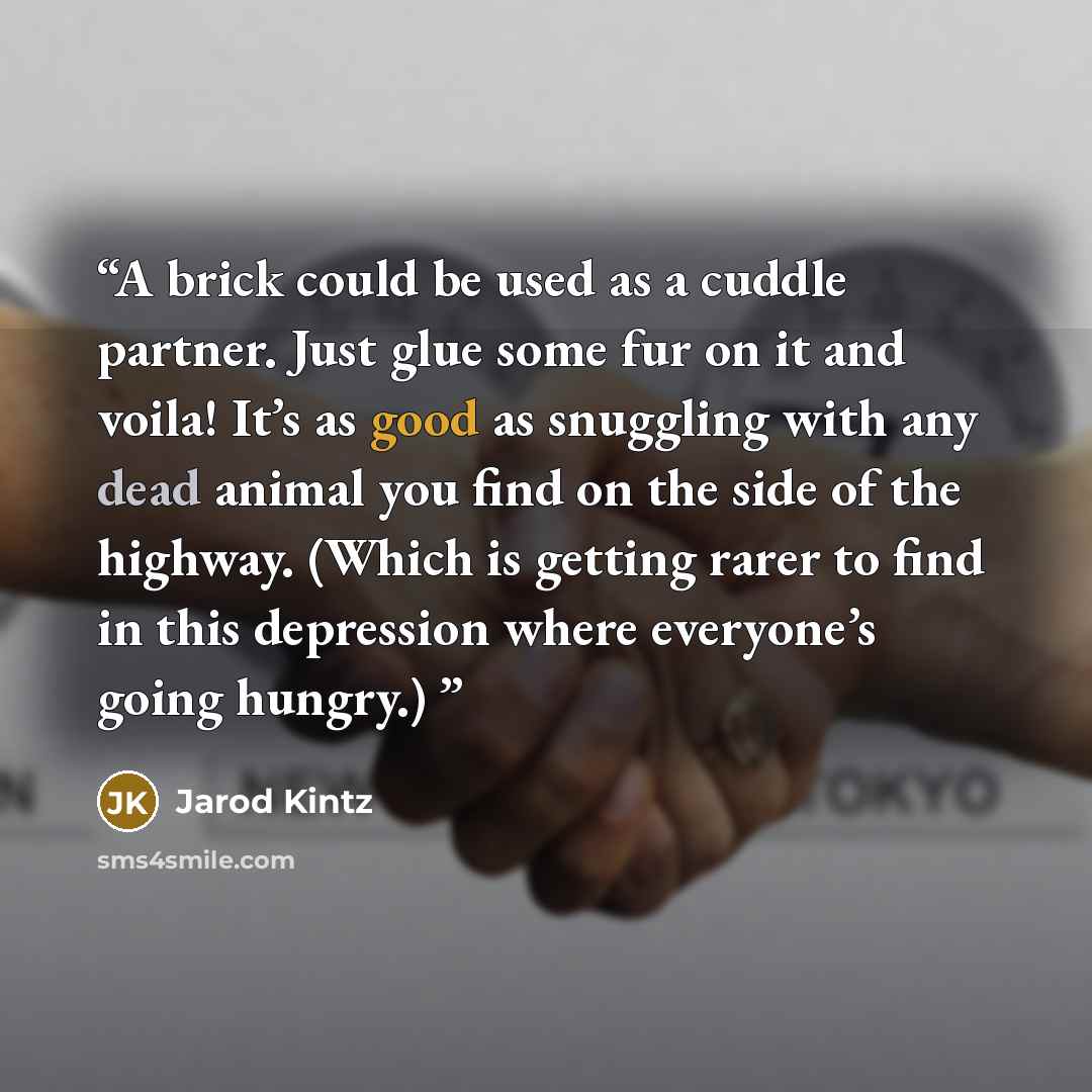 “A brick could be used as a cuddle partner. Just glue some fur on it and voila! It’s as good as snuggling with any dead animal you find on the side of the highway. (Which is getting rarer to find in this depression where everyone’s going hungry.)” quote by Jarod Kintz