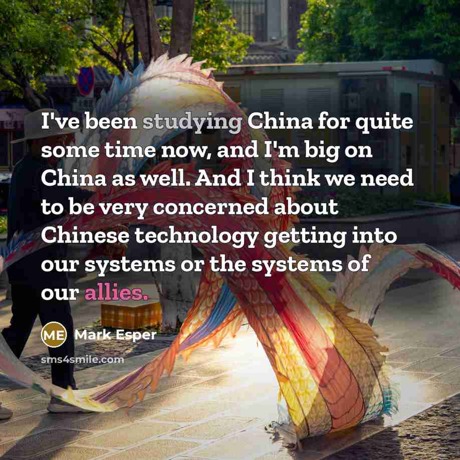 “I've been studying China for quite some time now, and I'm big on China as well. And I think we need to be very concerned about Chinese technology getting into our systems or the systems of our allies.” quote by Mark Esper