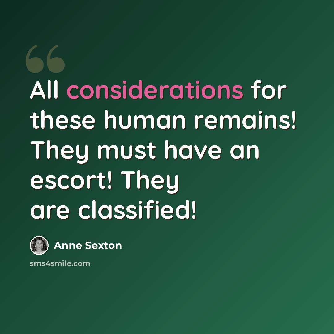 “All considerations for these human remains! They must have an escort! They are classified!” quote by Anne Sexton