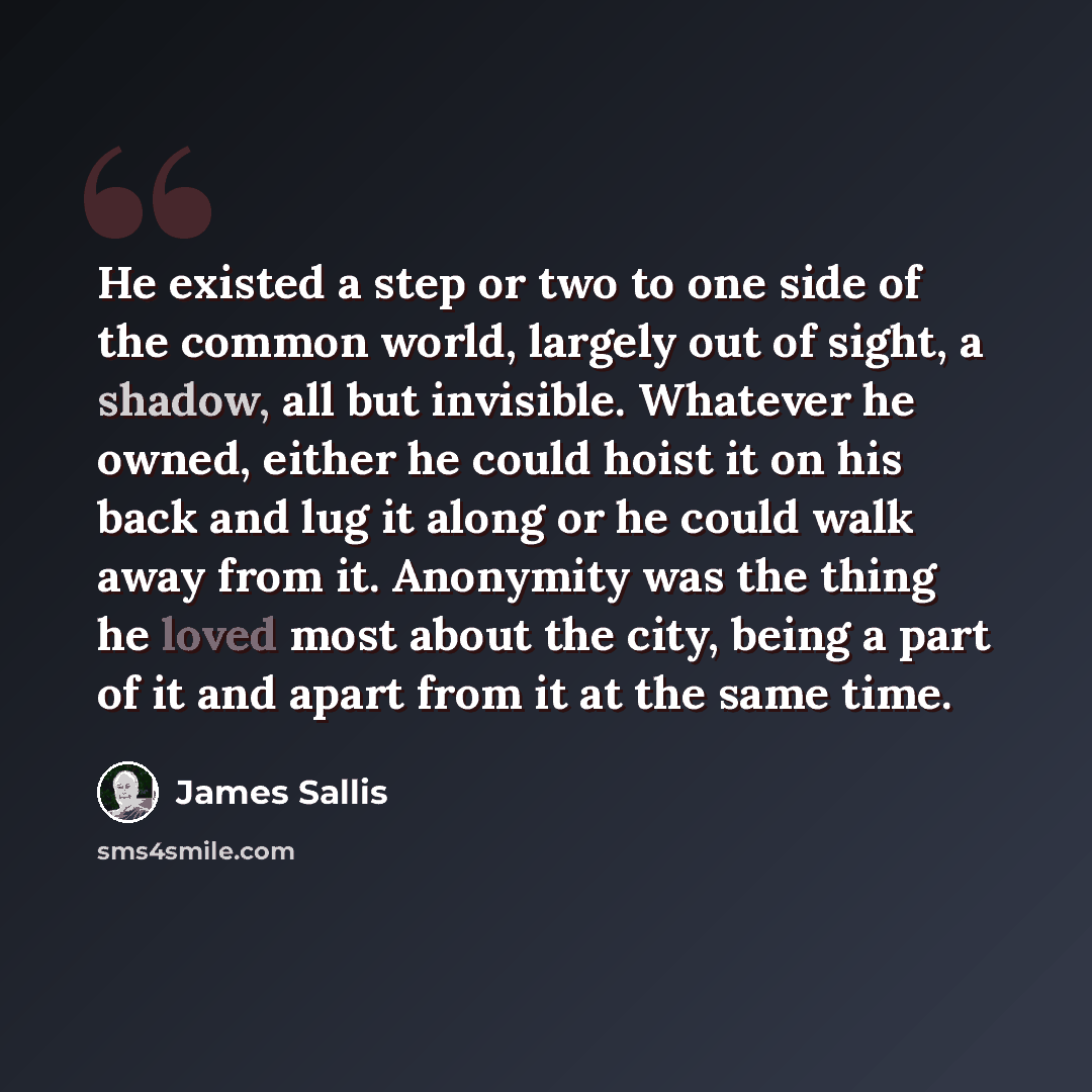 “He existed a step or two to one side of the common world, largely out of sight, a shadow, all but invisible. Whatever he owned, either he could hoist it on his back and lug it along or he could walk away from it. Anonymity was the thing he loved most about the city, being a part of it and apart…” quote by James Sallis