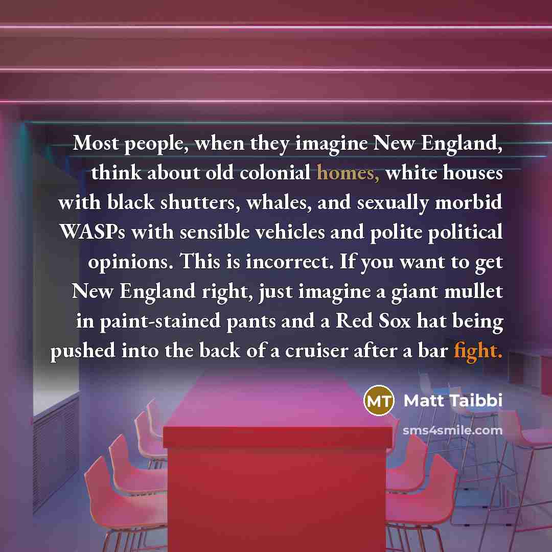 “Most people, when they imagine New England, think about old colonial homes, white houses with black shutters, whales, and sexually morbid WASPs with sensible vehicles and polite political opinions. This is incorrect. If you want to get New England right, just imagine a giant mullet in…” quote by Matt Taibbi