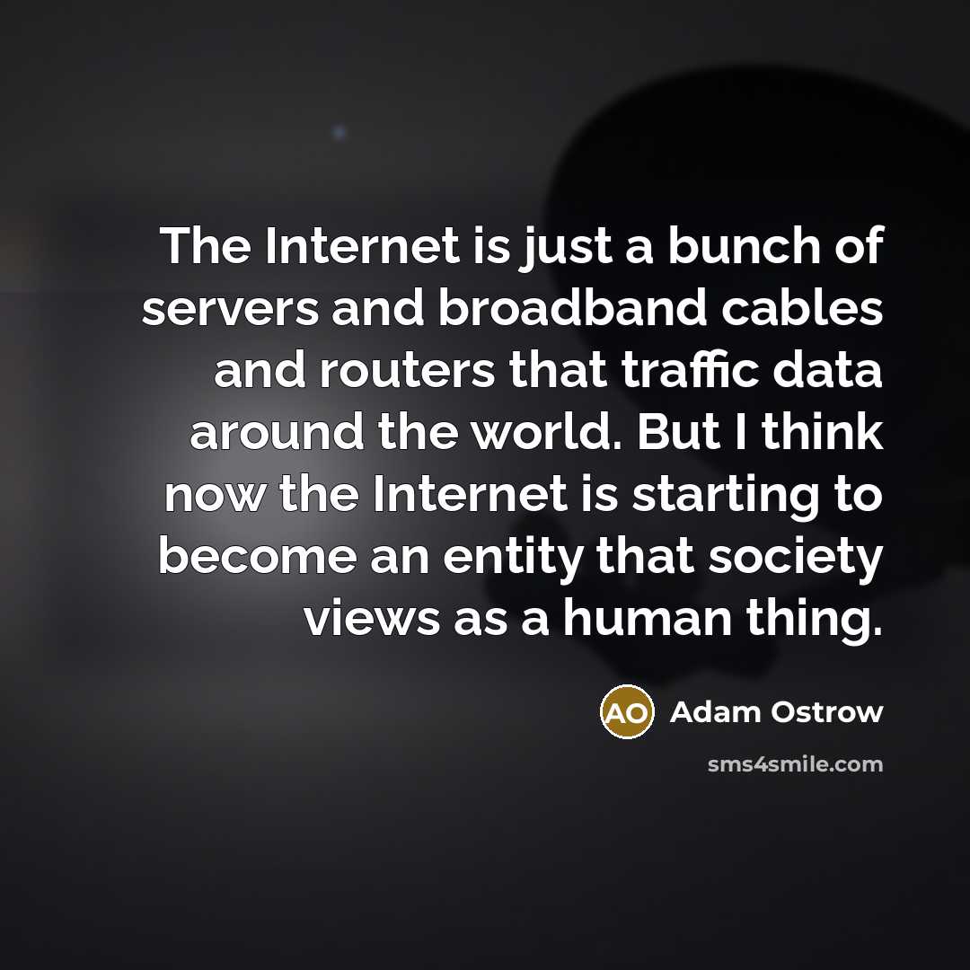 “The Internet is just a bunch of servers and broadband cables and routers that traffic data around the world. But I think now the Internet is starting to become an entity that society views as a human thing.” quote by Adam Ostrow
