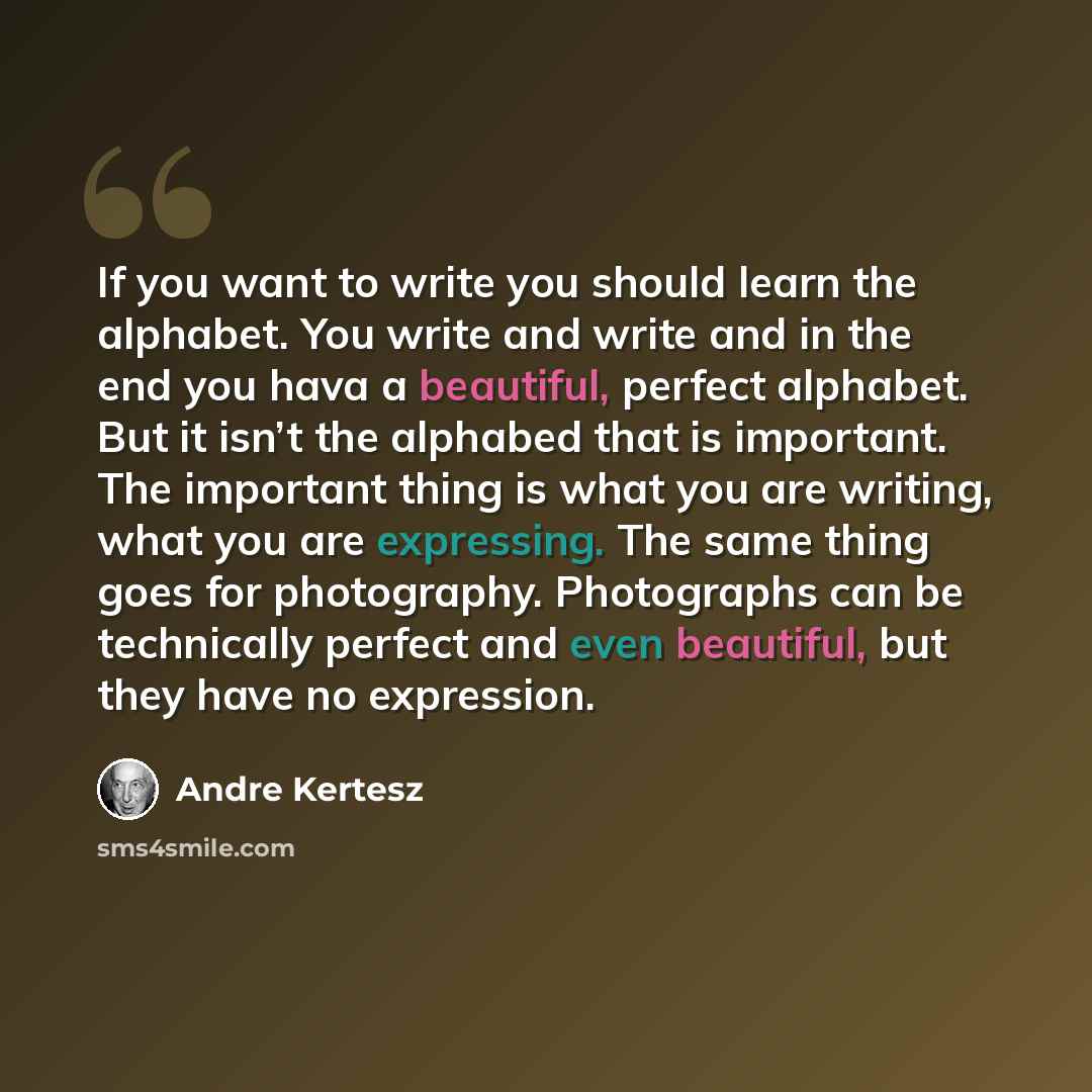 “If you want to write you should learn the alphabet. You write and write and in the end you hava a beautiful, perfect alphabet. But it isn’t the alphabed that is important. The important thing is what you are writing, what you are expressing. The same thing goes for photography. Photographs can be…” quote by Andre Kertesz