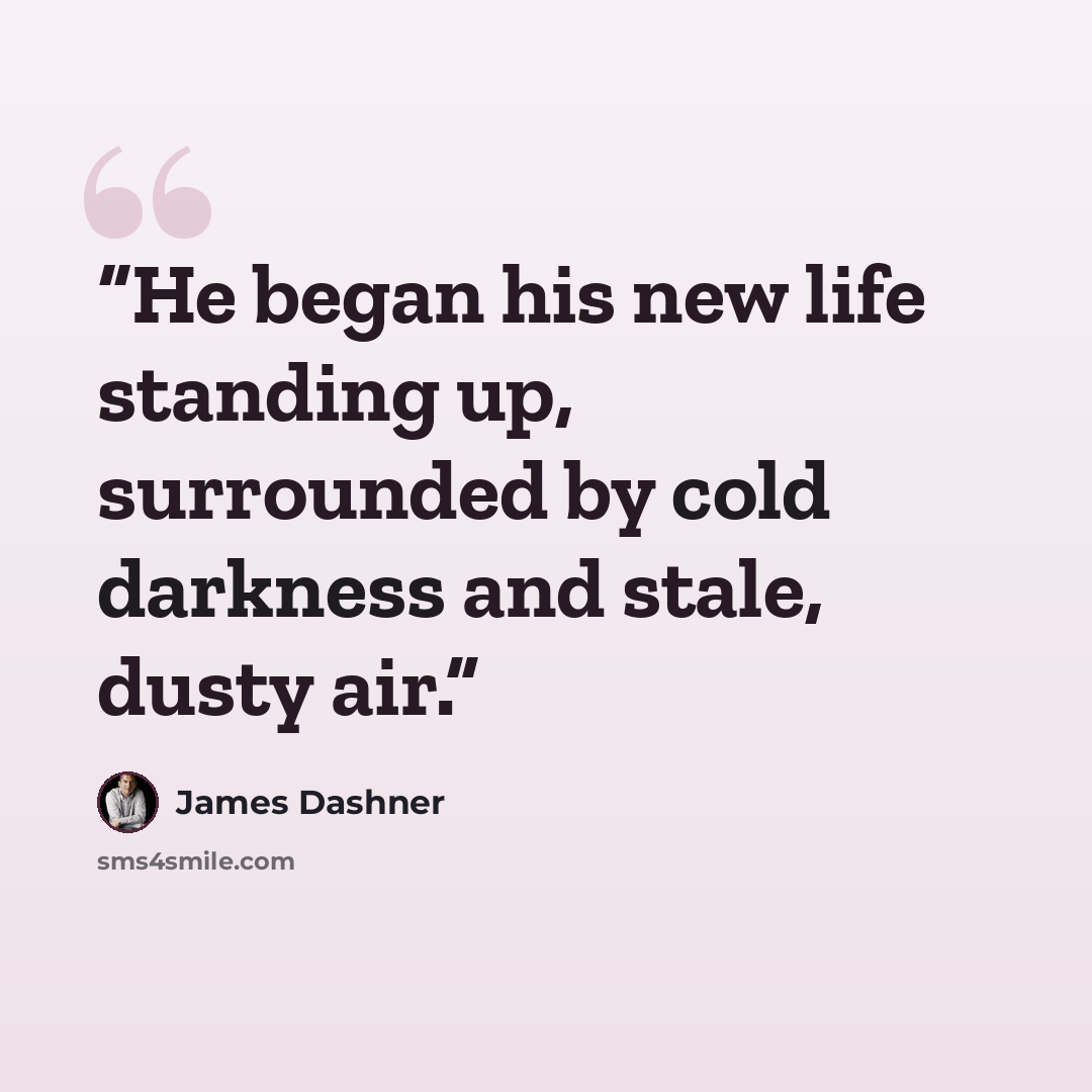 “He began his new life standing up, surrounded by cold darkness and stale, dusty air.” quote by James Dashner