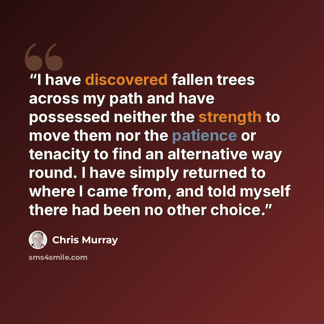 “I have discovered fallen trees across my path and have possessed neither the strength to move them nor the patience or tenacity to find an alternative way round. I have simply returned to where I came from, and told myself there had been no other choice.” quote by Chris Murray