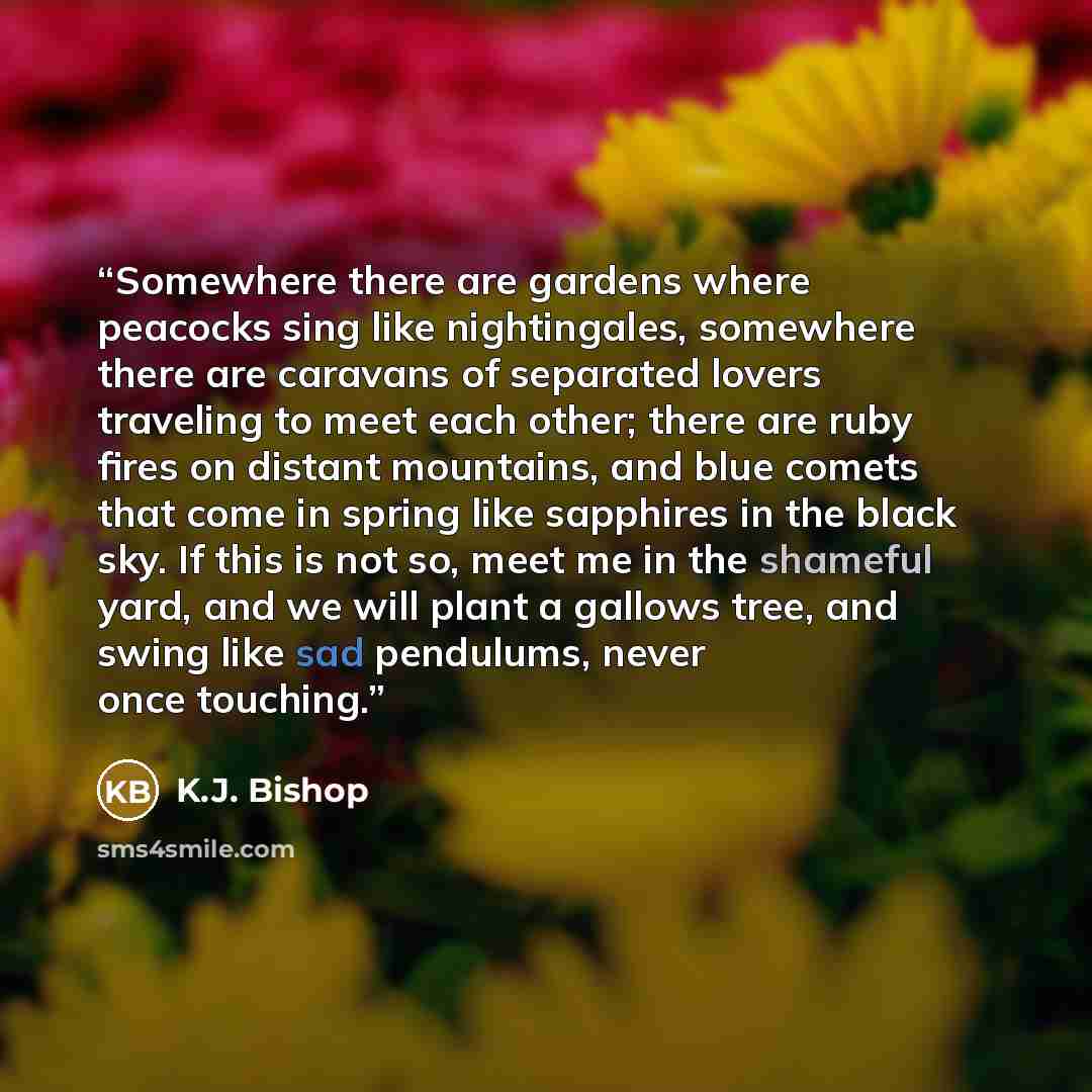 “Somewhere there are gardens where peacocks sing like nightingales, somewhere there are caravans of separated lovers traveling to meet each other; there are ruby fires on distant mountains, and blue comets that come in spring like sapphires in the black sky. If this is not so, meet me in the…” quote by K.J. Bishop