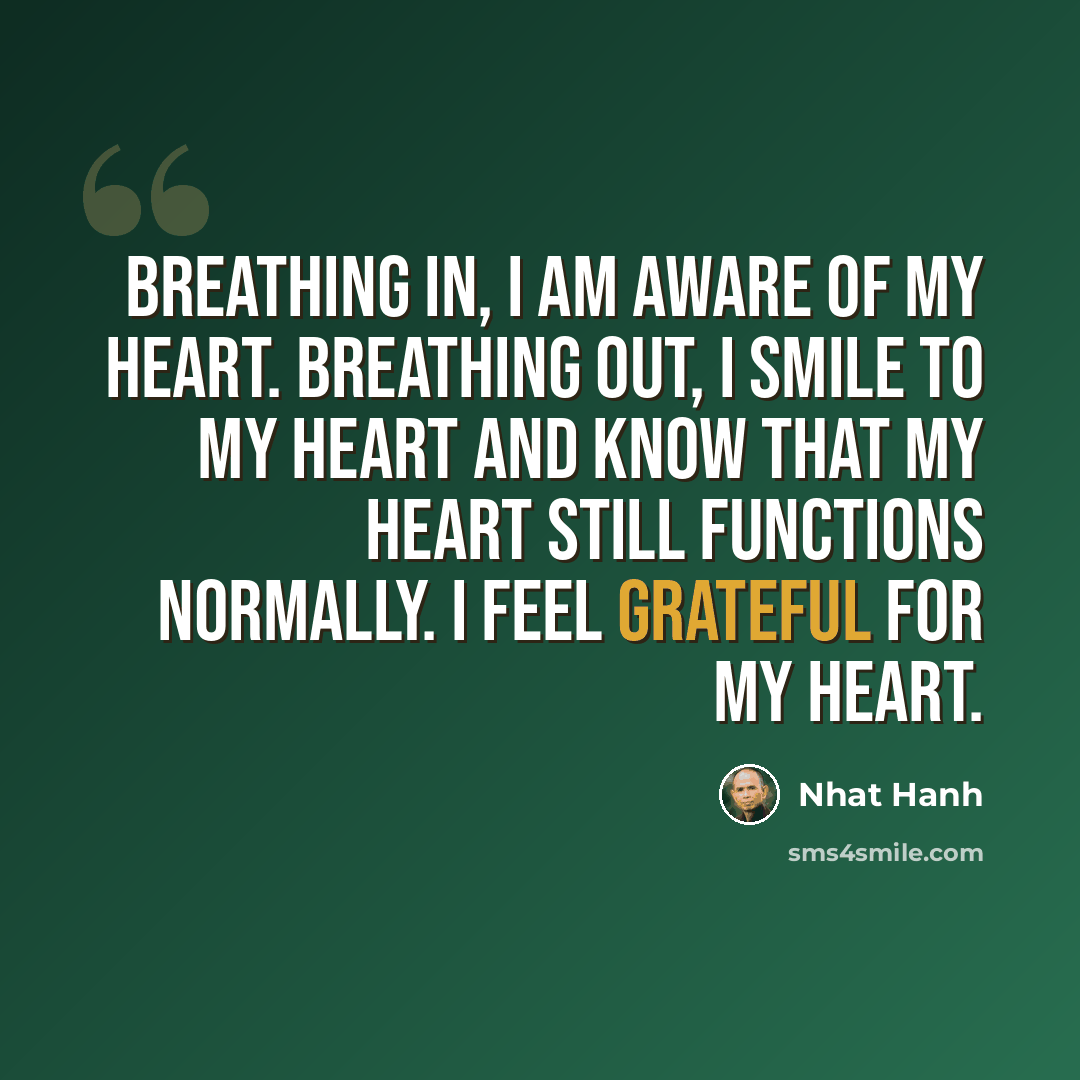 “Breathing in, I am aware of my heart. Breathing out, I smile to my heart and know that my heart still functions normally. I feel grateful for my heart.” quote by Nhat Hanh