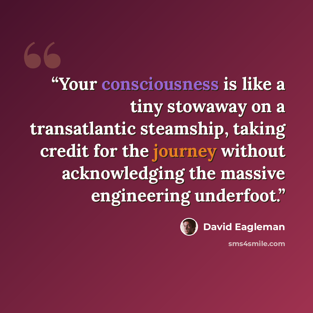 “Your consciousness is like a tiny stowaway on a transatlantic steamship, taking credit for the journey without acknowledging the massive engineering underfoot.” quote by David Eagleman