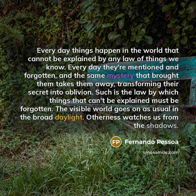 “Every day things happen in the world that cannot be explained by any law of things we know. Every day they're mentioned and forgotten, and the same mystery that brought them takes them away, transforming their secret into oblivion. Such is the law by which things that can't be explained must be…” quote by Fernando Pessoa