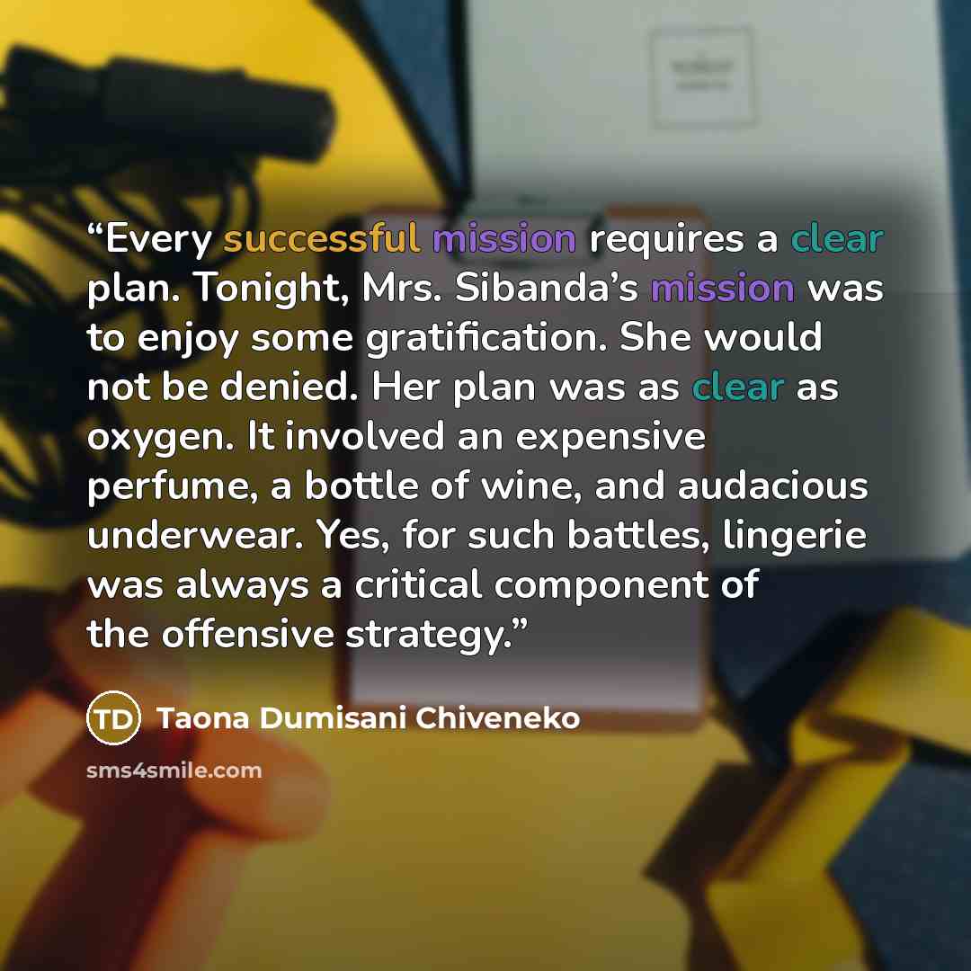 “Every successful mission requires a clear plan. Tonight, Mrs. Sibanda’s mission was to enjoy some gratification. She would not be denied. Her plan was as clear as oxygen. It involved an expensive perfume, a bottle of wine, and audacious underwear. Yes, for such battles, lingerie was always a…” quote by Taona Dumisani Chiveneko