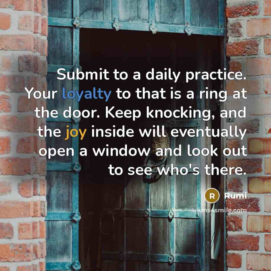 “Submit to a daily practice. Your loyalty to that is a ring at the door. Keep knocking, and the joy inside will eventually open a window and look out to see who's there.” quote by Rumi