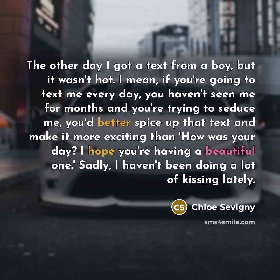 “The other day I got a text from a boy, but it wasn't hot. I mean, if you're going to text me every day, you haven't seen me for months and you're trying to seduce me, you'd better spice up that text and make it more exciting than 'How was your day? I hope you're having a beautiful one.' Sadly, I…” quote by Chloe Sevigny