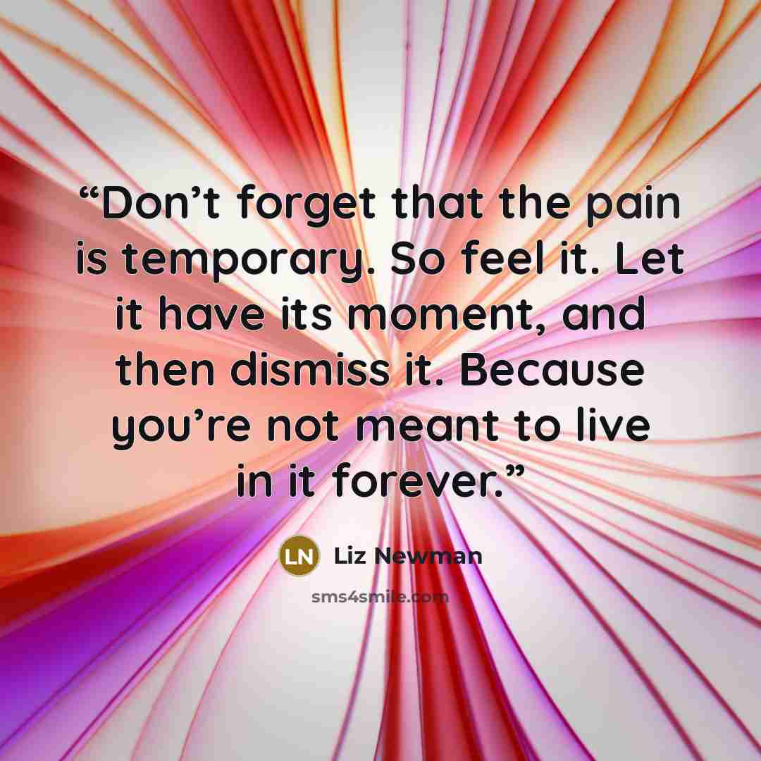 “Don’t forget that the pain is temporary. So feel it. Let it have its moment, and then dismiss it. Because you’re not meant to live in it forever.” quote by Liz Newman