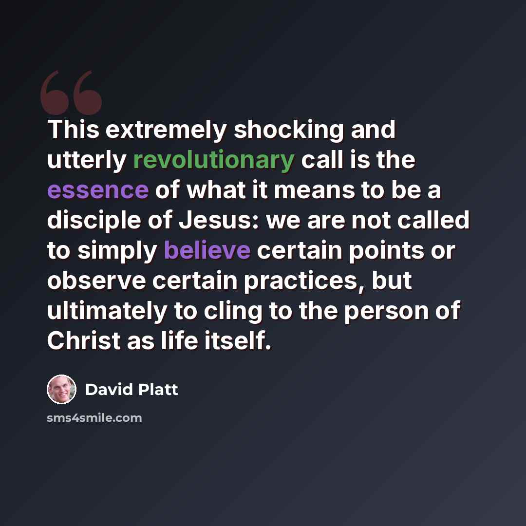 “This extremely shocking and utterly revolutionary call is the essence of what it means to be a disciple of Jesus: we are not called to simply believe certain points or observe certain practices, but ultimately to cling to the person of Christ as life itself.” quote by David Platt