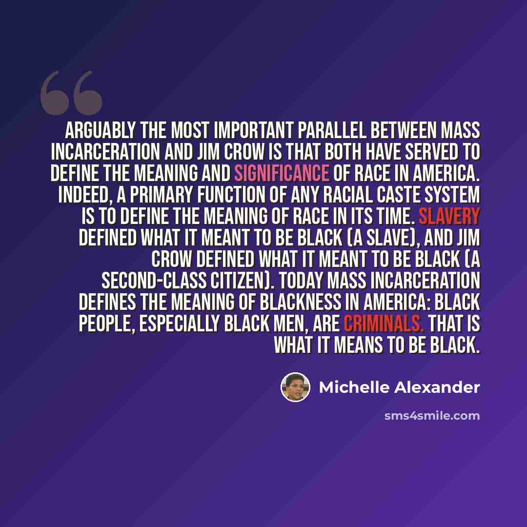 “Arguably the most important parallel between mass incarceration and Jim Crow is that both have served to define the meaning and significance of race in America. Indeed, a primary function of any racial caste system is to define the meaning of race in its time. Slavery defined what it meant to be…” quote by Michelle Alexander