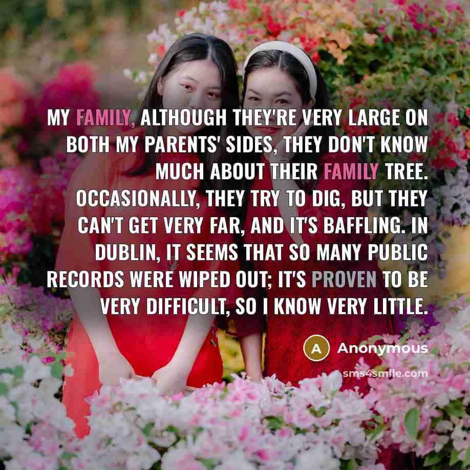 “My family, although they're very large on both my parents' sides, they don't know much about their family tree. Occasionally, they try to dig, but they can't get very far, and it's baffling. In Dublin, it seems that so many public records were wiped out; it's proven to be very difficult, so I know…” quote by Anonymous