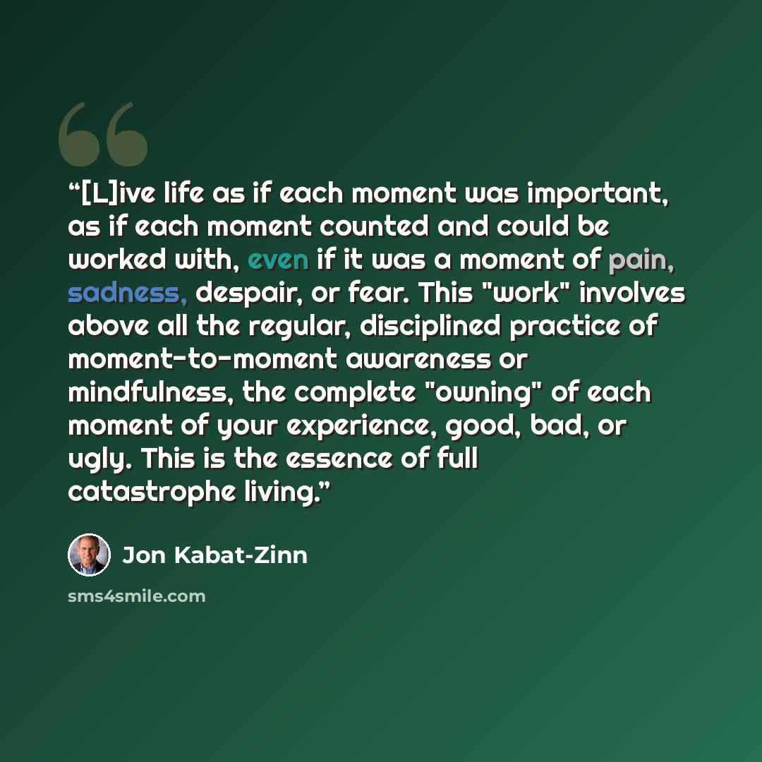 “[L]ive life as if each moment was important, as if each moment counted and could be worked with, even if it was a moment of pain, sadness, despair, or fear. This "work" involves above all the regular, disciplined practice of moment-to-moment awareness or mindfulness, the complete "owning" of each…” quote by Jon Kabat-Zinn