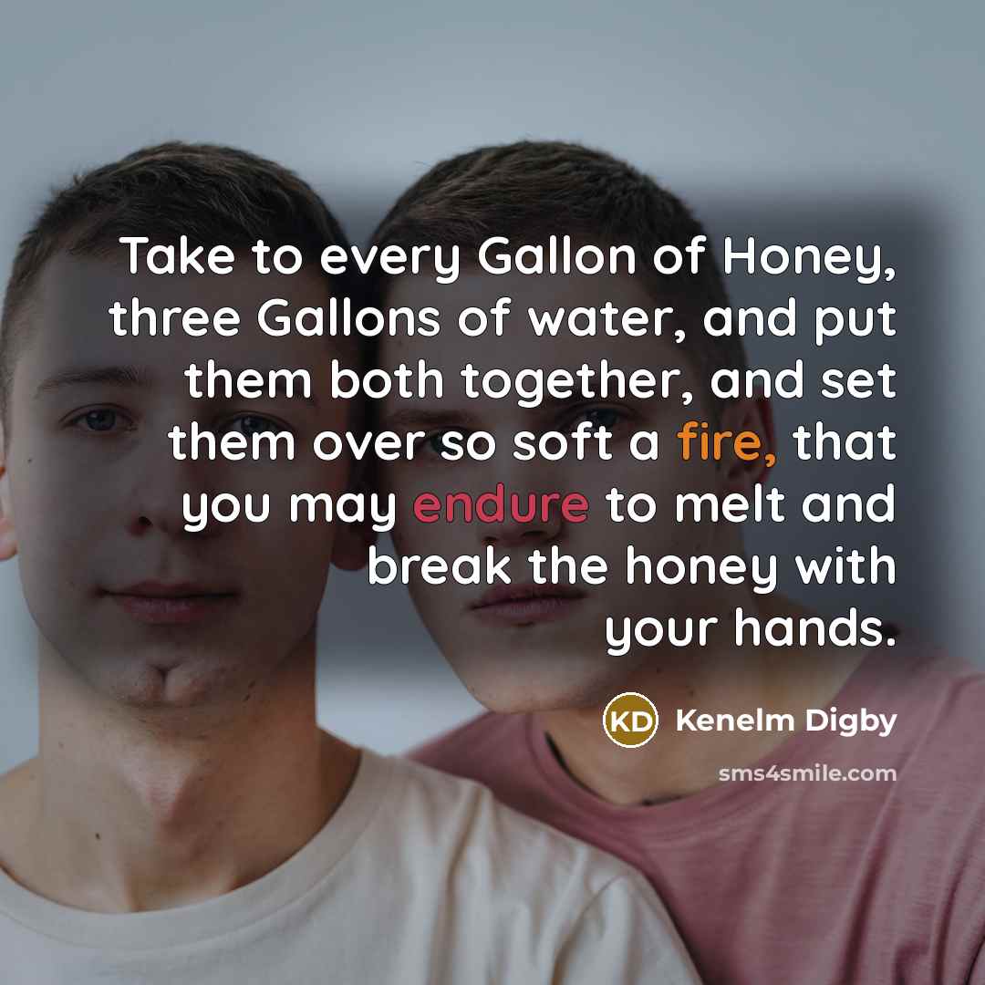 “Take to every Gallon of Honey, three Gallons of water, and put them both together, and set them over so soft a fire, that you may endure to melt and break the honey with your hands.” quote by Kenelm Digby