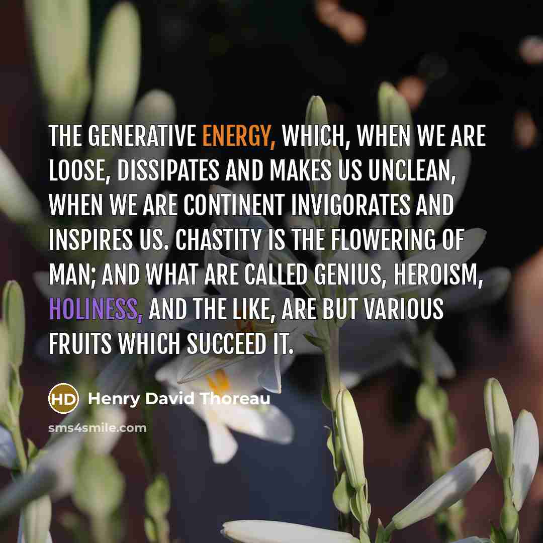 “The generative energy, which, when we are loose, dissipates and makes us unclean, when we are continent invigorates and inspires us. Chastity is the flowering of man; and what are called Genius, Heroism, Holiness, and the like, are but various fruits which succeed it.” quote by Henry David Thoreau