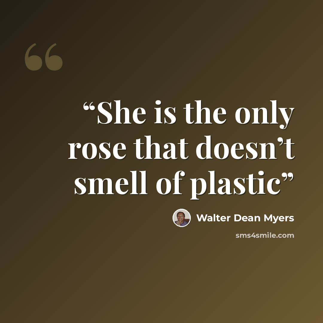 “She is the only rose that doesn’t smell of plastic” quote by Walter Dean Myers