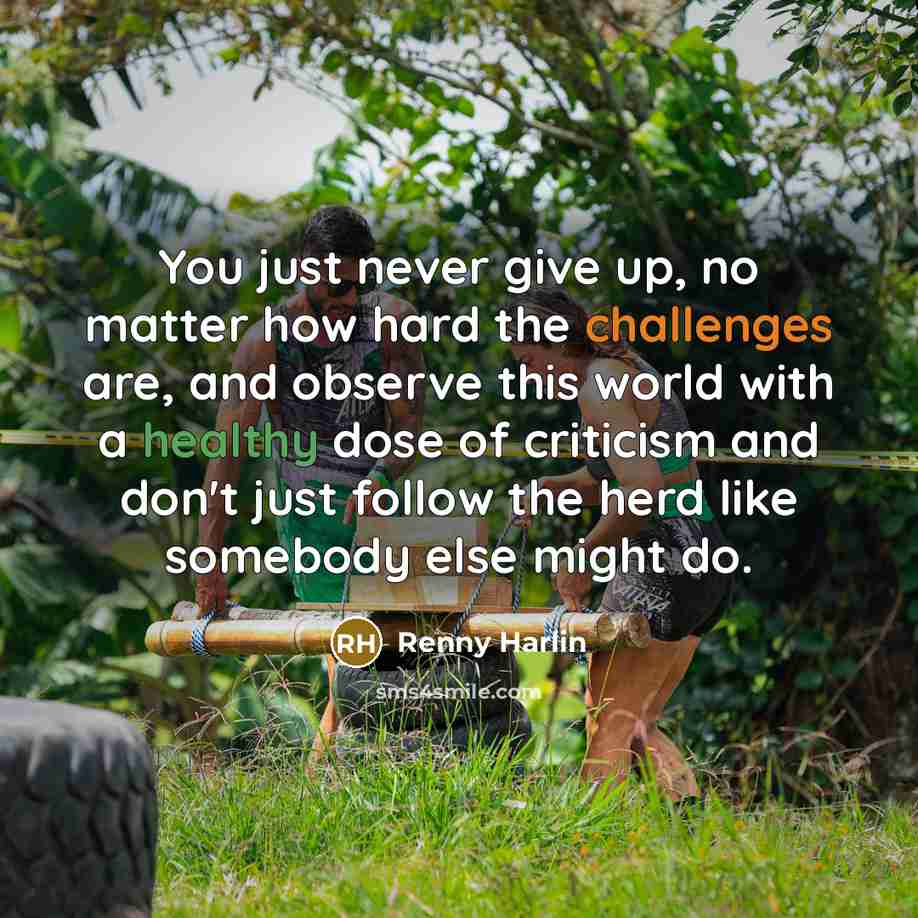 “You just never give up, no matter how hard the challenges are, and observe this world with a healthy dose of criticism and don't just follow the herd like somebody else might do.” quote by Renny Harlin