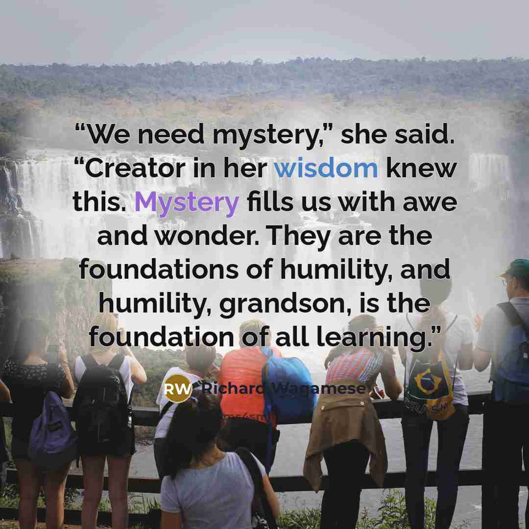 “We need mystery,” she said. “Creator in her wisdom knew this. Mystery fills us with awe and wonder. They are the foundations of humility, and humility, grandson, is the foundation of all learning.” quote by Richard Wagamese