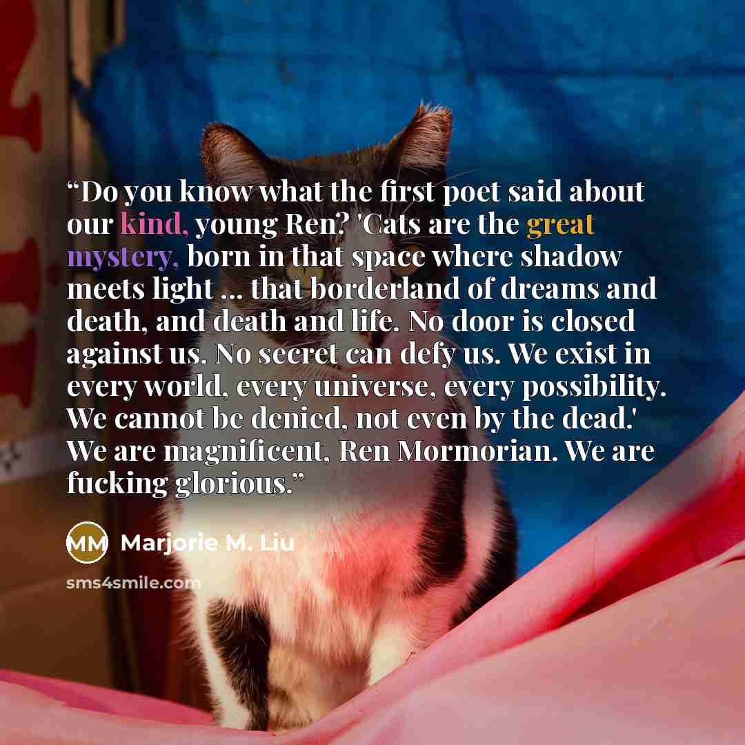 “Do you know what the first poet said about our kind, young Ren? 'Cats are the great mystery, born in that space where shadow meets light ... that borderland of dreams and death, and death and life. No door is closed against us. No secret can defy us. We exist in every world, every universe, every…” quote by Marjorie M. Liu