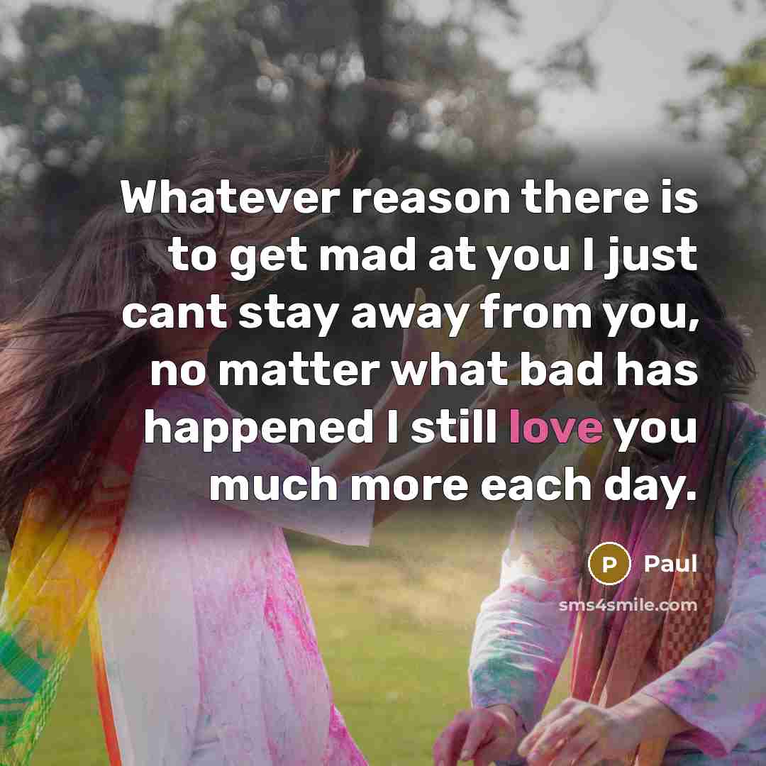 “Whatever reason there is to get mad at you I just cant stay away from you, no matter what bad has happened I still love you much more each day.” quote by Paul