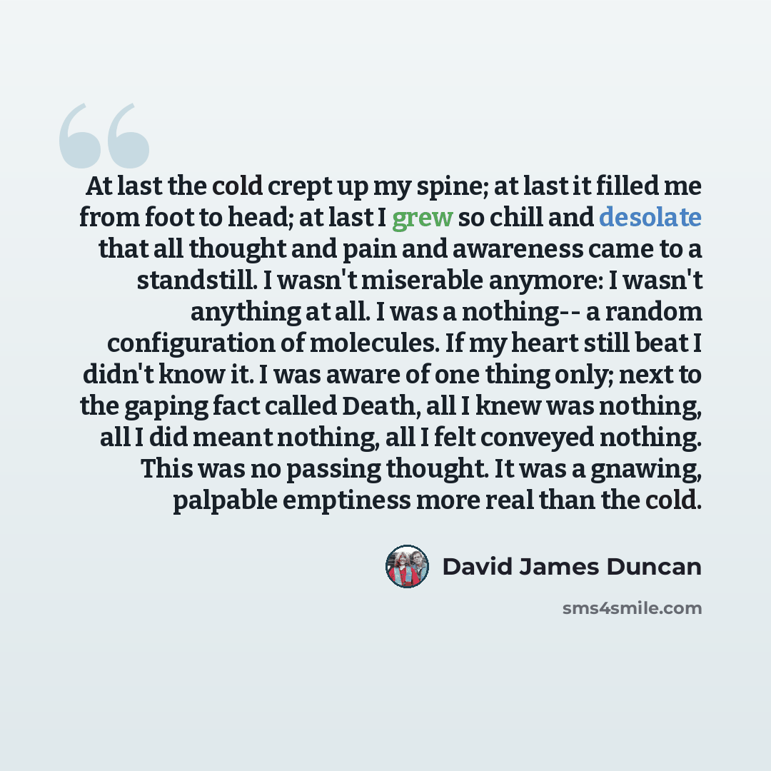 “At last the cold crept up my spine; at last it filled me from foot to head; at last I grew so chill and desolate that all thought and pain and awareness came to a standstill. I wasn't miserable anymore: I wasn't anything at all. I was a nothing-- a random configuration of molecules. If my heart…” quote by David James Duncan