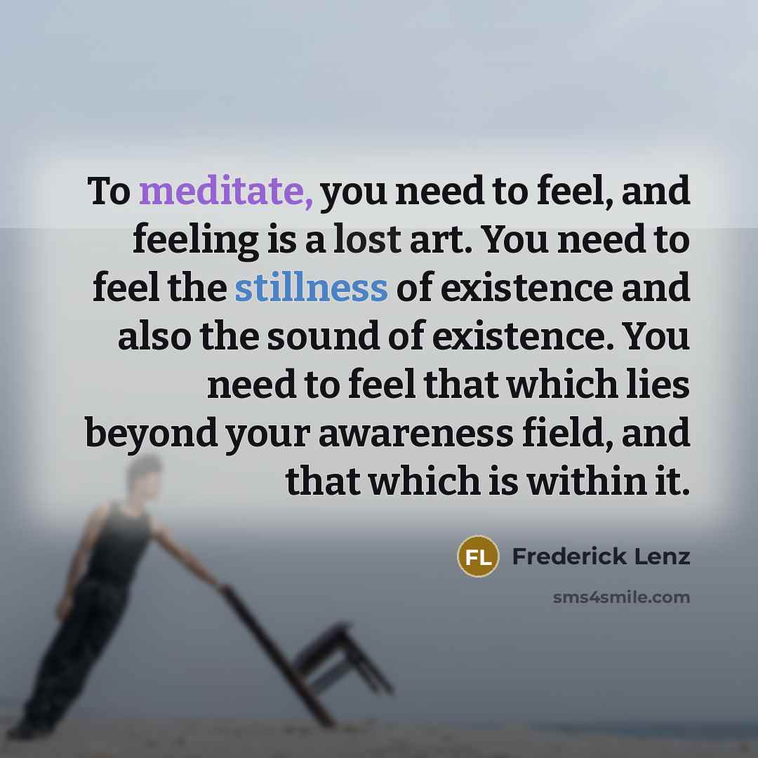 “To meditate, you need to feel, and feeling is a lost art. You need to feel the stillness of existence and also the sound of existence. You need to feel that which lies beyond your awareness field, and that which is within it.” quote by Frederick Lenz