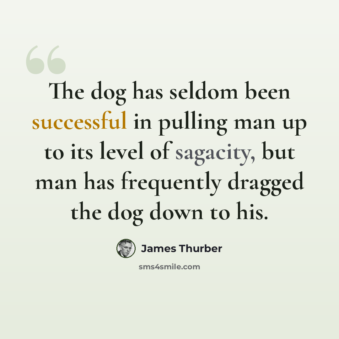 “The dog has seldom been successful in pulling man up to its level of sagacity, but man has frequently dragged the dog down to his.” quote by James Thurber