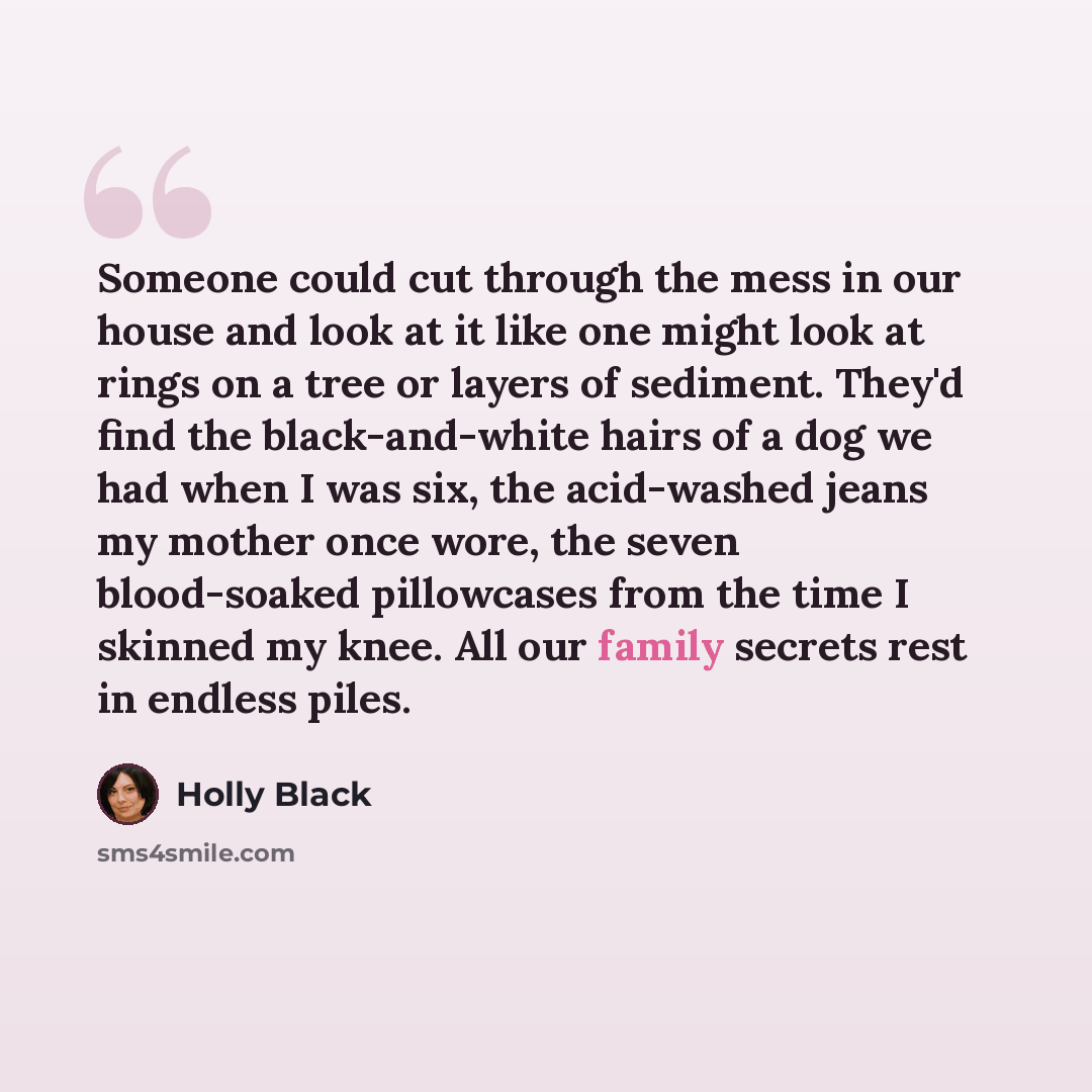 “Someone could cut through the mess in our house and look at it like one might look at rings on a tree or layers of sediment. They'd find the black-and-white hairs of a dog we had when I was six, the acid-washed jeans my mother once wore, the seven blood-soaked pillowcases from the time I skinned…” quote by Holly Black
