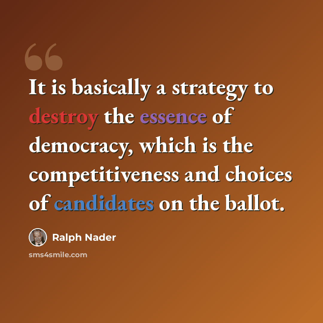 “It is basically a strategy to destroy the essence of democracy, which is the competitiveness and choices of candidates on the ballot.” quote by Ralph Nader