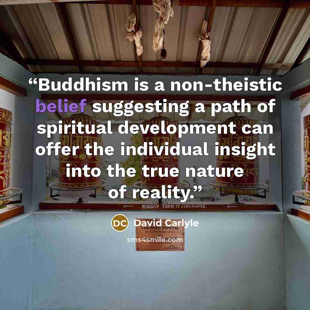 “Buddhism is a non-theistic belief suggesting a path of spiritual development can offer the individual insight into the true nature of reality.” quote by David Carlyle