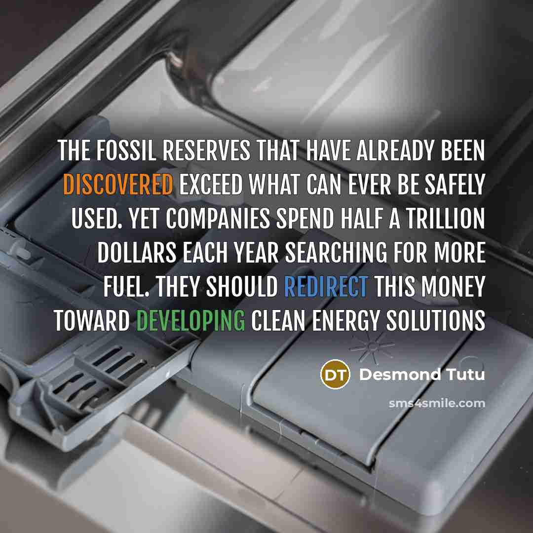 “The fossil reserves that have already been discovered exceed what can ever be safely used. Yet companies spend half a trillion dollars each year searching for more fuel. They should redirect this money toward developing clean energy solutions” quote by Desmond Tutu