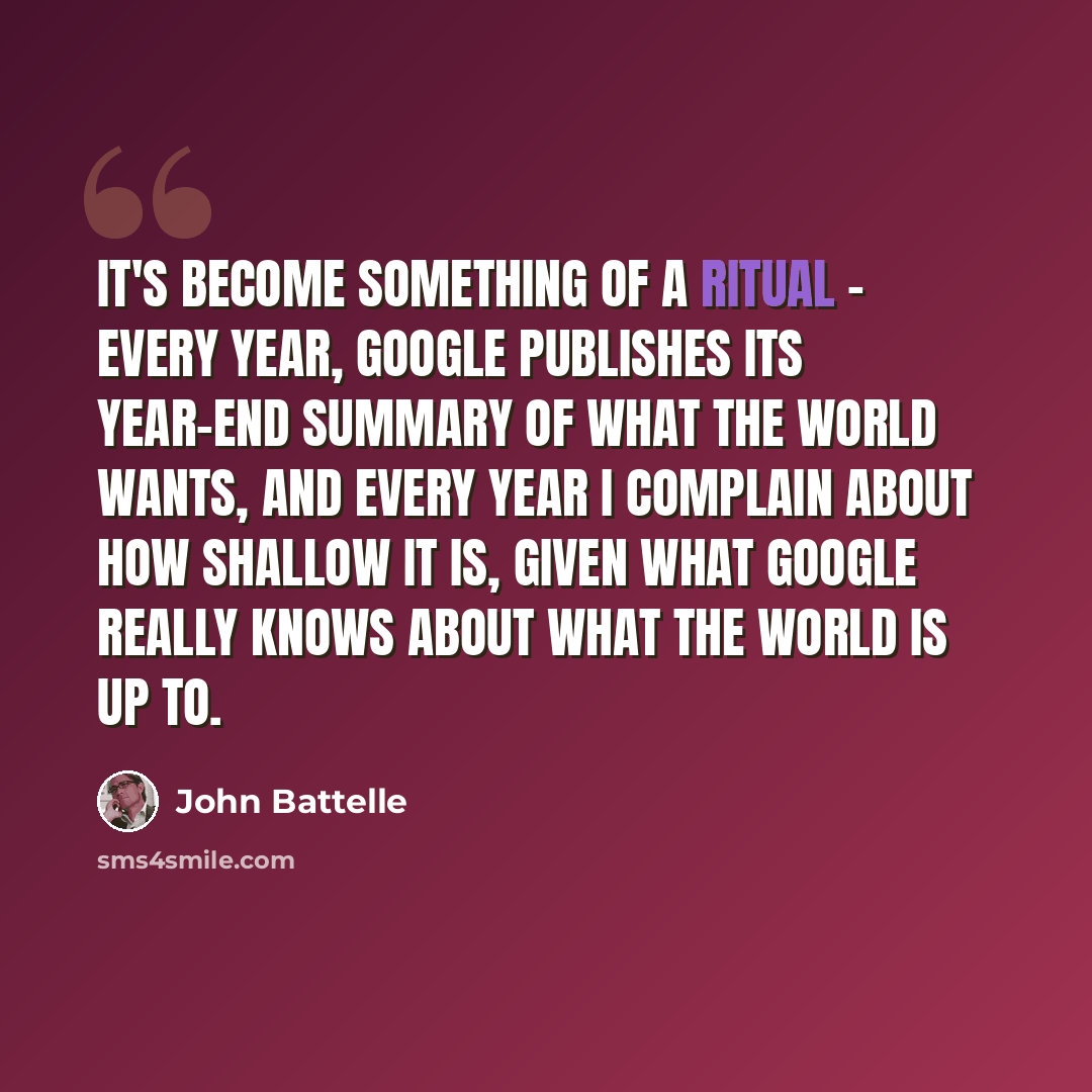 “It's become something of a ritual - every year, Google publishes its year-end summary of what the world wants, and every year I complain about how shallow it is, given what Google really knows about what the world is up to.” quote by John Battelle