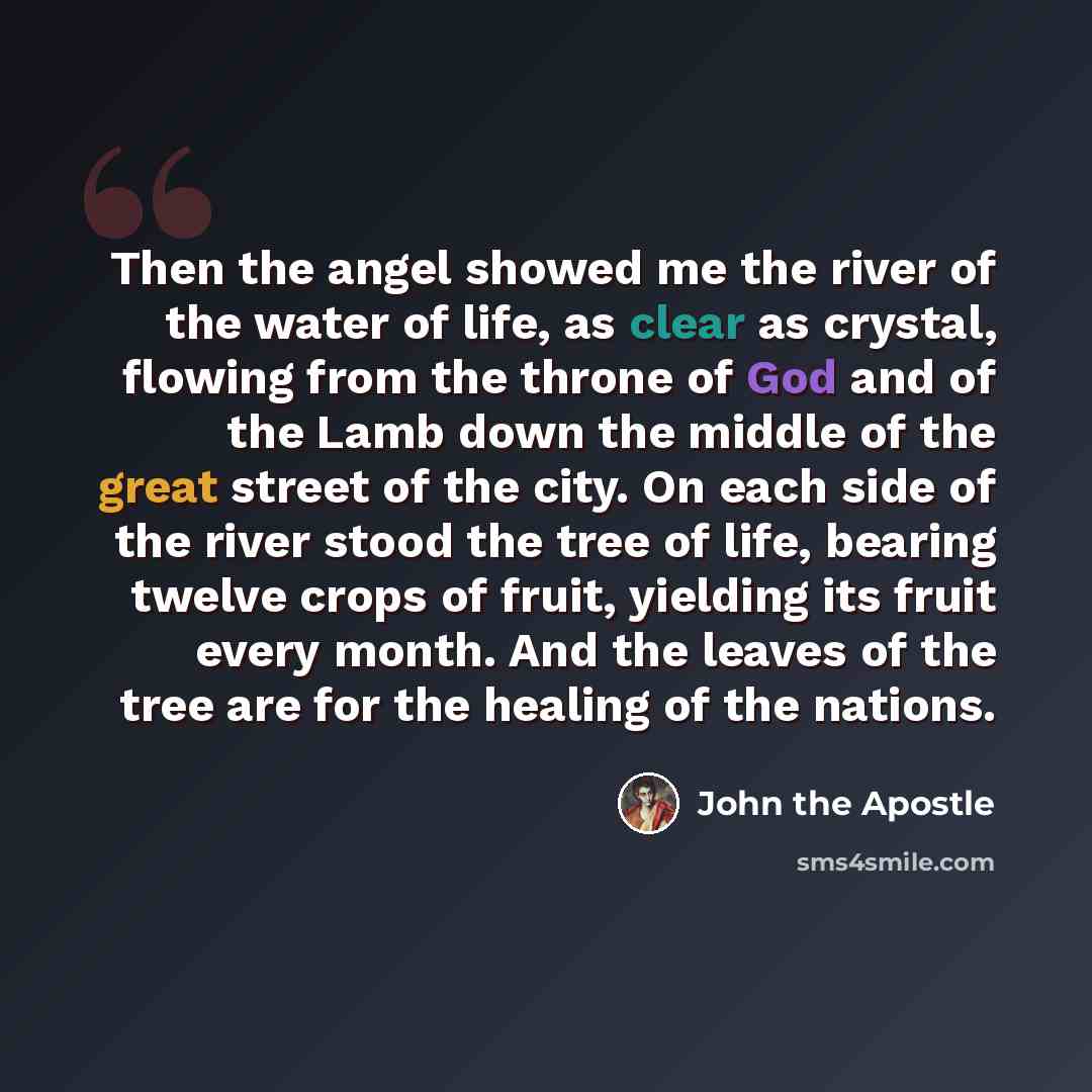 “Then the angel showed me the river of the water of life, as clear as crystal, flowing from the throne of God and of the Lamb down the middle of the great street of the city. On each side of the river stood the tree of life, bearing twelve crops of fruit, yielding its fruit every month. And the…” quote by John the Apostle
