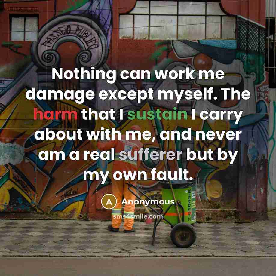 “Nothing can work me damage except myself. The harm that I sustain I carry about with me, and never am a real sufferer but by my own fault.” quote by Anonymous
