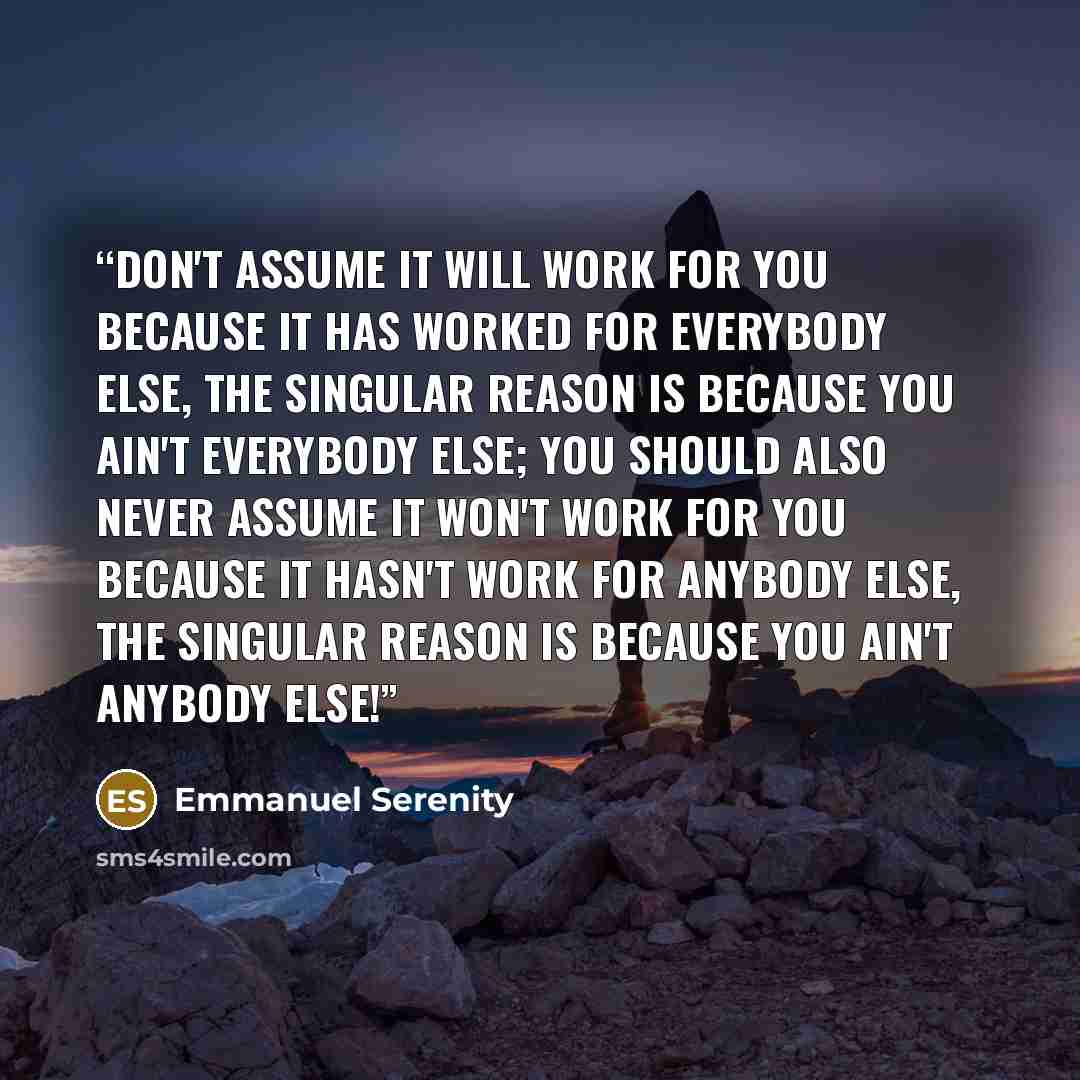 “Don't assume it will work for you because it has worked for everybody else, the singular reason is because you ain't everybody else; You should also never assume it won't work for you because it hasn't work for anybody else, the singular reason is because you ain't anybody else!” quote by Emmanuel Serenity